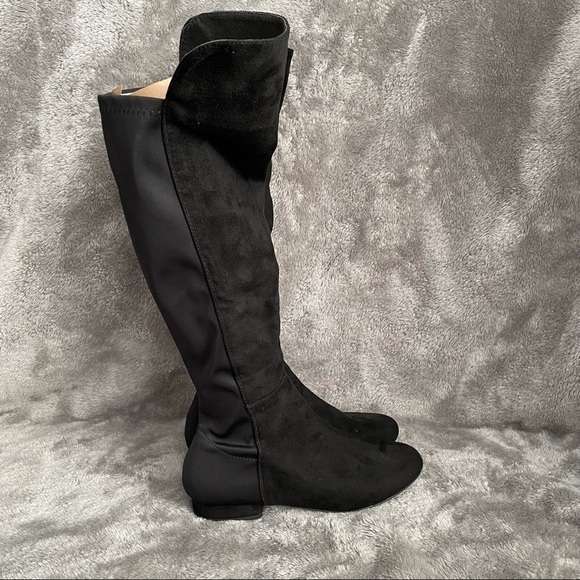 Wild Diva Black Faux Suede Over The Knee Boots Size 7 Flat Slouchy Zip Up OTK - Picture 6 of 13